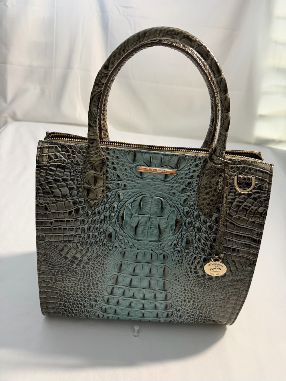 Brahmin Large Caroline Bluebell Ombré Melbourn-Embossed Satchel in Teal and Gray